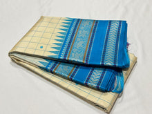 Offwhite with Copper Sulphate Blue Muthukattam with Buttas Handwoven Pure Zariless Korvai temple borders Kanjivaram Silk Saree Beauty