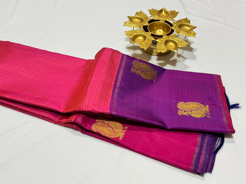 Pink with Ganga Jamuna Borders Muthukattam body Purple pallu and Border Buttas Handwoven Pure Jari Kanjivaram Silk Saree Beauty