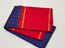 Gorgeous MS Blue with Red Handwoven Pure Jari Korvai Kanjivaram Silk Saree with checked body beautiful temples woven borders classy pallu and contrast woven blouse