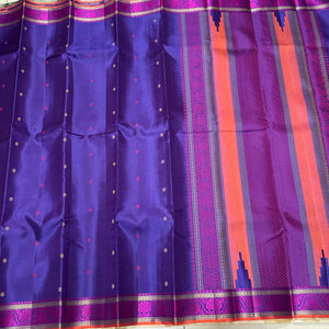 Violetish blue with Pink Handwoven Pure Zariless Small Borders with Buttas Soft Kanchipuram Saree Beauty