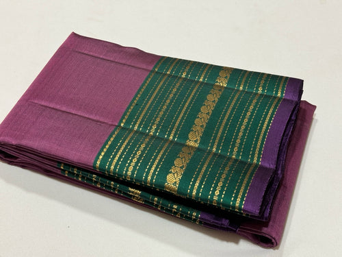 Deep Mauve with Sapphire Green Handwoven Pure Light Weight Kanjivaram Silk Saree Varisaipet Borders Beauty