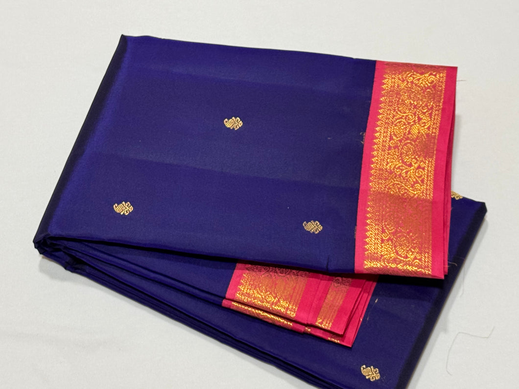 Deep Blue with Rose Pink Korvai with Buttas Small borders Handwoven Pure Kanjivaram Silk Saree Beauty
