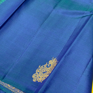 Bright Yellow with Peacock Blue Partly Pallu Handwoven Pure Jari Kanjivaram Silk Saree Meenakari buttas Beauty