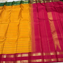 Vaibhogam- Mesmerizing Mustard with Ganga Jamuna Handwoven Pure Jari Korvai Kanjivaram Silk with neliveldhari woven beautiful body with rettapet borders rich seepu rekku pallu in arakku with contrast arakku blouse