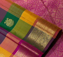 Sahana- Gorgeous Palum Pazhamum Multichecks with Gandaberunda Motifs Handwoven Pure Jari Kanjivaram Silk with rich borders gorgeous pallu and contrast zari striped beautiful blouse