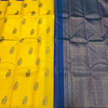 Bright Yellow with Peacock Blue Partly Pallu Handwoven Pure Jari Kanjivaram Silk Saree Meenakari buttas Beauty