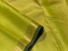 Sahana- Stunning Bright Lime Green with Gold Small Borders with Buttas Handwoven Pure Kanjivaram Silk with Bottle Green Selvedges Rich Pallu and Self Colored blouse