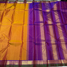 Golden Sampanga with Purple Handwoven Pure Kanjivaram Silk Saree with spaced borders beauty