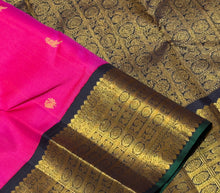 Vaibhogam- Stunning Bright Pink with Black Handwoven Pure Jari Korvai Kanjivaram Silk with beautiful bird motifs woven body with rich borders pallu and contrast woven black blouse