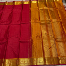 Nayaki- Gorgeous Red with Golden Mustard Handwoven Pure Kanjivaram Silk with beautiful bawanchi borders with rich pallu and contrast woven blouse