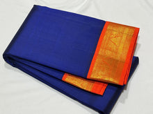 Sarasangi-Fantastic MS Blue with Orange Handwoven Pure Jari Korvai Kanjivaram Silk with beautifully woven borders rich pallu and contrast woven blouse