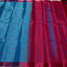 Nayaki- Beautiful Ananda Blue with Red Handwoven Pure Zariless Kanjivaram Silk with lovely banarasi pet matte finish borders with silk thread buttas rich pallu and contrast red blouse