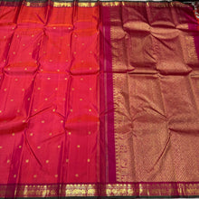 Dual tone Orange with Pinkish Red  Handwoven Pure Jari Kanjivaram Silk Saree with buttas woven body rich pallu and contrast woven blouse