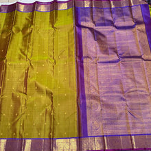 Sampanga Green with Violetish Purple Buttas Handwoven Pure Kanjivaram Silk Saree Beauty