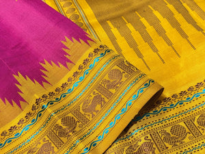 Premium Collections - Deep Reddish Magenta with Mustard Buttas with Temples Handwoven Pure Zariless Korvai Kanjivaram Silk Saree Beauty