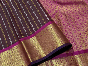 Brown with Wine Thodar Buttas Handwoven Pure Jari Kanjivaram Silk Saree Beauty