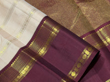 Vaibhogam- Gorgeous Ivory White with Bronze Mustard and Maroonish Brown Handwoven Pure Zari Korvai Kanjivaram Silk with Ganga Jamuna Borders rich doublepet borders rich getti zari pallu and contrast veldhari striped blouse