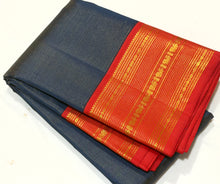 Vaibhogam-Gorgeous Sapphire Blue with Orange Red Vairaoosi Handwoven Pure Jari Korvai Kanjivaram Silk with rich closely woven vairaoosi body gorgeous borders beautiful and finely woven rich pallu and contrast woven blouse