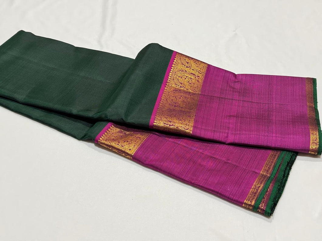 Deep Bottle Green with Dark Magenta Handwoven Pure Jari Kanjivaram Silk Saree with Broad Borders beauty