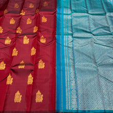 Rare Combination- Dark Maroon with Peacock Blue Green Borderless Muthukattam with Peacock Chariot Buttas Handwoven Pure Jari Kanjivaram Silk Saree Beauty