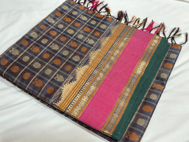 Intricate Grey with Pink 1000 Buttas Handwoven Premium Kanjivaram Silkcotton Saree Beauty Gandaberunda Mayil Chakram in different thread colors