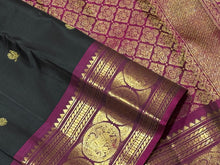 Stunning  Black with Deep Wine Mayil Chakram Buttas Handwoven Pure Jari Kanjivaram Silk Saree with Elephant motifs  woven rich borders gorgeously woven rich  pallu and contrast woven blouse