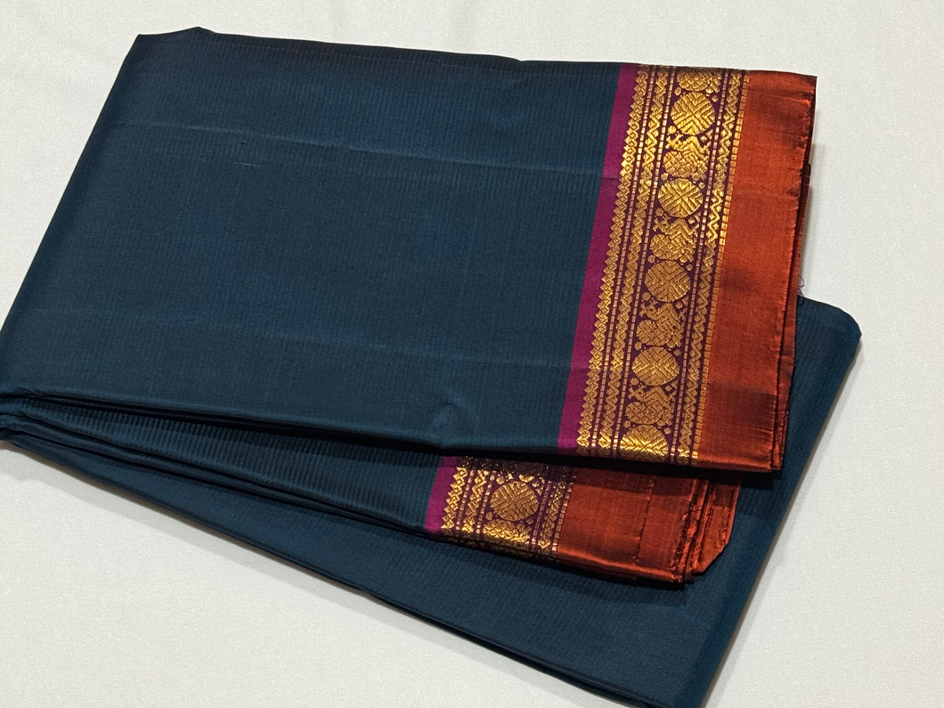 Deep Sapphire Blue with Dark Wine Spaced Borders Handwoven Pure Jari Kanjivaram Silk Saree Beauty