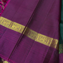 Sahana- Stunning Bottle Green with Dark Magenta Mayil Chakram Buttas Handwoven Pure 2g Jari Kanjivaram Silk with Spaced borders rich pallu and contrast woven blouse