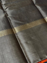 Black with Greyish Beige Handwoven Pure Kanjivaram Silk Saree with Muthukattam checked body with Gandaberunda Buttas woven borders rich pallu and contrast woven blouse