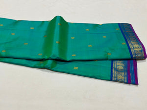 Peacock Green Blue with Blue Buttas Small borders Handwoven Pure Jari Kanjivaram Silk Saree Beauty