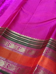 Mango Orange with Rani Pink Buttas with rettapet borders Handwoven Pure Jari Kanjivaram Silk Saree Beauty