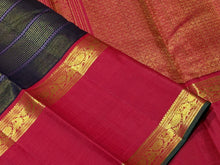 Vaibhogam- Stunning Kanchana Blackish Brown with Deep Red Handwoven Pure Vairaoosi and Neli Veldhari woven Korvai Kanjivaram Silk with broad rettapet borders rich pallu and contrast l woven blouse