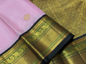 Soft Pink with Black Handwoven Pure Jari Korvai Kanjivaram Silk Saree Beauty