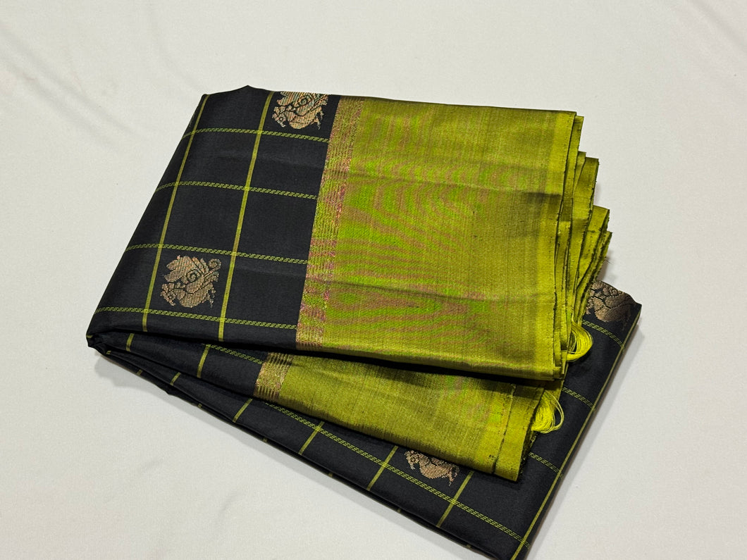 Black with Lime Green Handwoven Pure Kanjivaram Silk Saree woven in 1000 buttas style with rich pallu and contrast woven borders beauty