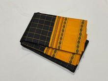 Premium Weave- Black with Mustard Yellow Handwoven Pure Zariless Korvai Kanjivaram silk saree with rudrakshapet borders checked body classic pallu and contrast woven blouse beauty