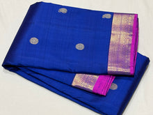 Deep Prussian Blue with Purple Buttas Handwoven Pure Kanjivaram Silk Saree with small borders rich pallu and contrast woven blouse beauty