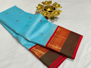 Rare Light Ananda Blue with Red Handwoven Pure Jari Korvai with Buttas Kanjivaram Silk Saree Beauty with adai borders