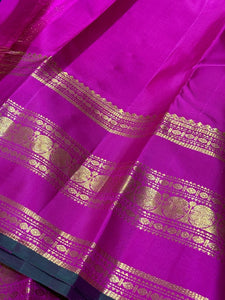 Deep Purplish Navy Blue with Pink Buttas Korvai with Varisaipet Borders Handwoven Pure Jari Kanjivaram Silk Saree Beauty