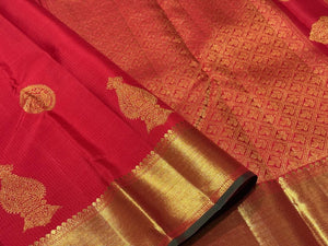 Red with Green Handwoven Pure Jari Kanjivaram Silk Saree with Buttas woven in muthukattam body with rich pallu and contrast Emerald Green Blouse beauty
