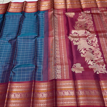 Saraswati- Gorgeous Teal Blue wkth Maroonish Red Handwoven Premium Zariless Kanjivaram Silk with beautiful muthukattam silk checked body with gorgeous varisaipet borders rich sorgavaasal pallu and contrast woven blouse