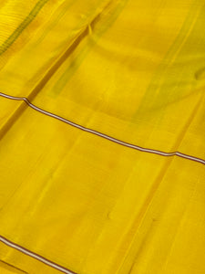 Bottle Green and Yellow Handwoven Pure Korvai Zariless Kanjivaram Silk Saree with temples woven borders Beauty
