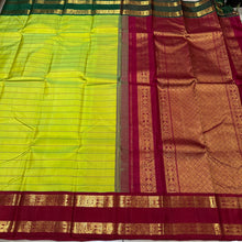 Mesmerizing Lime Green with Ganga Jamuna Borders Kai Korvai Neli Veldhari Handwoven Pure Jari Kanjivaram Silk Saree with Beautiful Fishpet Borders Beautiful Rich Pallu and Contrast woven blouse
