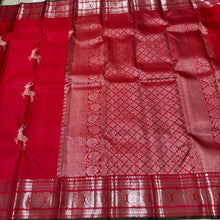 Red with Silver Jari Handwoven Pure Kanjivaram Silk Saree with Green Selvedges with Deer motifs woven all over the body with rich borders pallu and self colored blouse