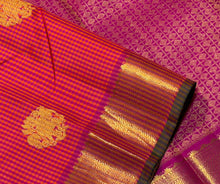 Sahana- Gorgeous Orange with Pink Handwoven Pure 2g Jari Kanjivaram Silk with kasakasa podikattam with buttas woven body with rich borders gorgeous pallu and contrast woven blouse