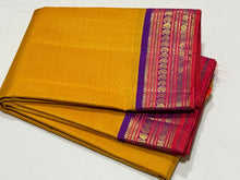 Sampanga Mustard yellow with Purple Handwoven Pure Jari Korvai Kanjivaram Silk Saree with intricate borders rekku pallu beauty
