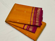 Mango Yellow with Magenta Pink Buttas Handwoven Pure Kanjivaram Silk Saree with intricate borders classy pallu and contrast woven blouse beauty