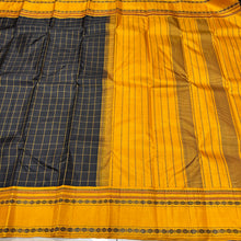 Premium Weave- Black with Mustard Yellow Handwoven Pure Zariless Korvai Kanjivaram silk saree with rudrakshapet borders checked body classic pallu and contrast woven blouse beauty