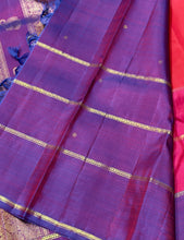 Vaibhogam- Stunning Orange, Pink with Purple Handwoven Pure 2g Jari Kanjivaram Silk with buttas woven body with middle portion in orange lower portion in pink and borders pallu and blouse in beautiful purple with border motifs woven beautifully!