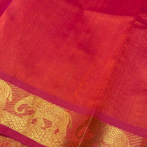 Bright Orange with dual tone Orange Handwoven Pure Kanjivaram Semicontrast Silkcotton Saree with Hand Pichwai Block Printed Beauty