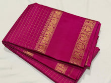 Sahana- Stunning Rani Pink with Gold Handwoven Pure Jari Kanjivaram Silk with checked body with rettapet borders rich Kalakshetra Kili woven pallu and self colored blouse